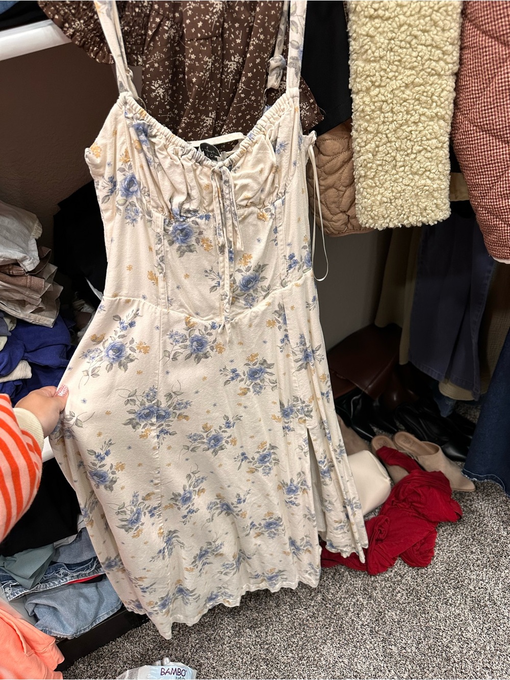 Floral Tie-Front A-Line corset Sundress in Cream and Blue